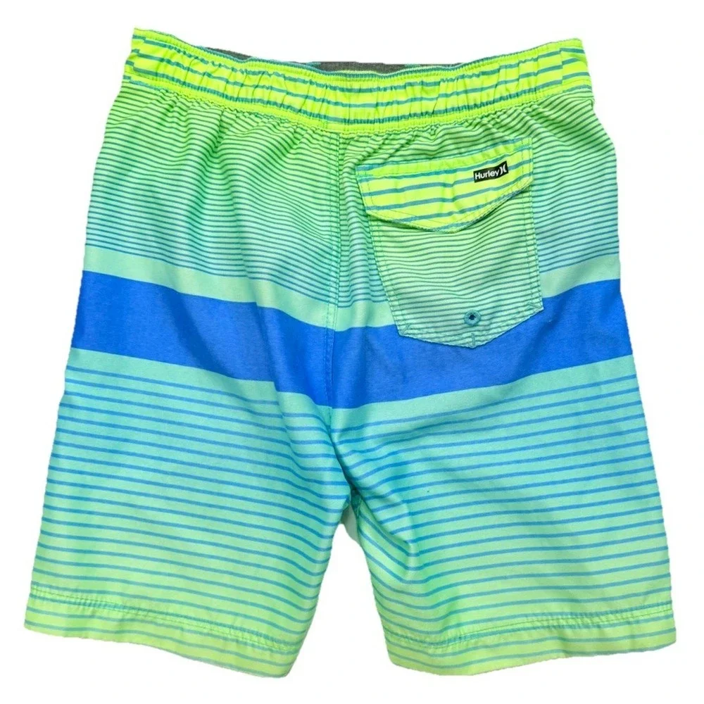 Hurley Boys Board Shorts Swim Trunks Neon Green Blue Striped Size 4T